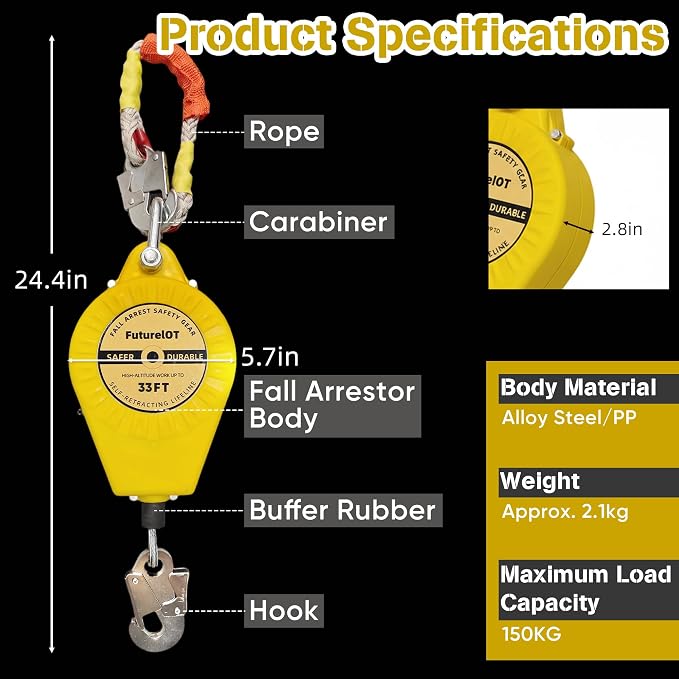 FuturelOT Self Retracting Lifeline 33ft 330lbs Fall Arrester Lanyard Protect Safety Harness Fall Protection with Alloy Steel Hook Steel Wire Rope(10m)