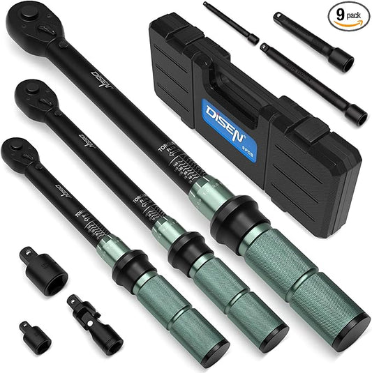DISEN 9PCS Click Torque Wrench Set 1/4" 3/8" 1/2" Drive 20-220 In.lb, 5-45 Ft.lb, 10-170 Ft.lb with 6 Adapters, ±3% Accuracy, 72-Tooth, Dual Scale, Storage Case for Bike, Motorcycle, Car, Truck Repair