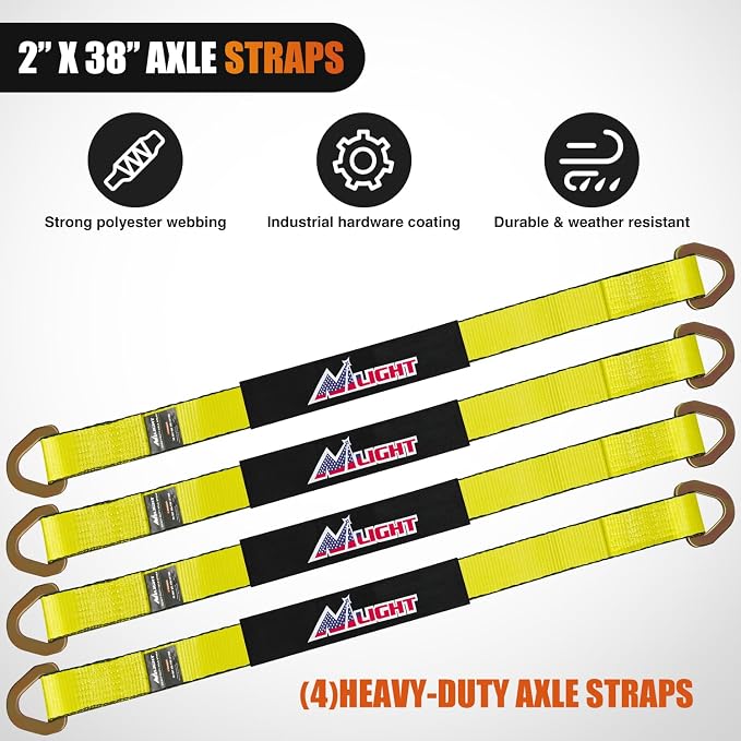 Nilight Axle Tie Down Straps 2" x 38" with D-Rings and Protective Sleeve 11,127 LBS Break Strength – Car Hauler Tie-Downs for Engine Hoist Truck Trailer & UTV 4 Pack (Yellow)