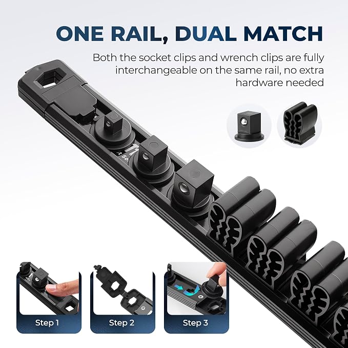 Reniteco 6-Piece Magnetic Socket Organizer and Magnetic Screwdriver Organizer Set, 1/4" 3/8" 1/2" Drive Aluminum Rail & 3-Piece Wrench Screwdriver Holder, Interchangeable Clips, Sockets Not Included