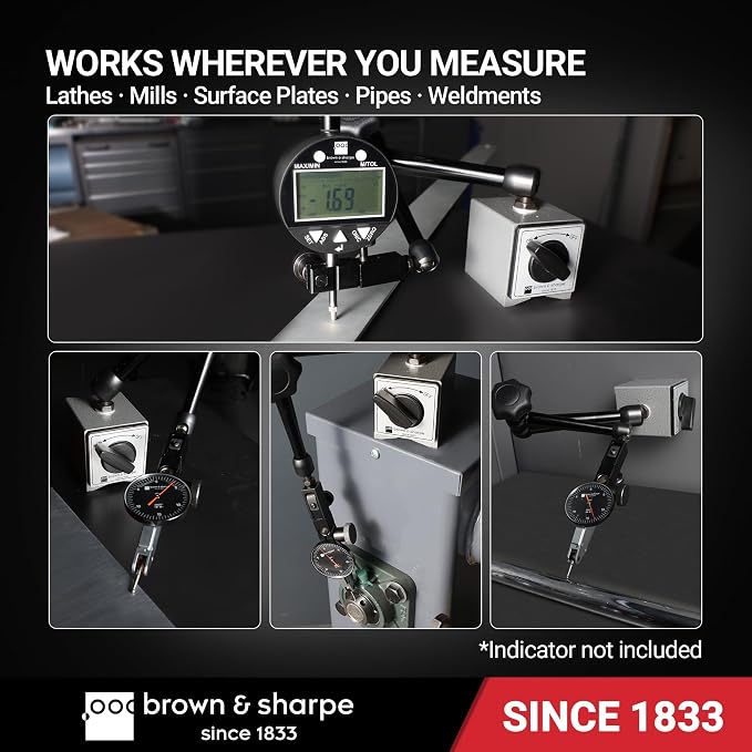 Brown & Sharpe Industrial-Strength Adjustable Magnetic Base Stand for Digital Dial Indicator, Heavy Duty Dial Gage Holder with Swivel clamp, Fine Adjustment, Quick Release