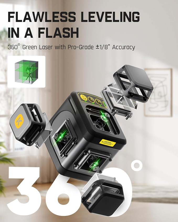 Fanttik D12 Ace Laser Level 360 Self Leveling, 3x360° Rechargeable 3D Green Cross Laser, Outdoor Pulse Mode, IP54 Durable, Easy to Use for Construction and Picture Hanging