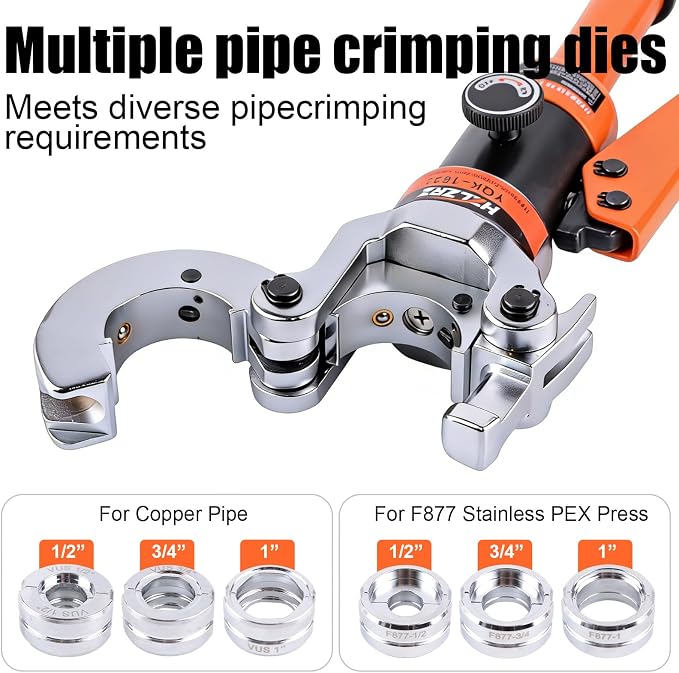 HZLZRZ Pro Press Copper and F877 PEX Crimper Tool Kit with 6 Dies for Copper Pipe 1/2" 3/4" 1" and PEX Press Sleeves 1/2" 3/4" 1", Professional Dual-System Crimping Tool for Plumbing (YQK/1632A)