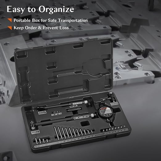 Digital Dial Bore Gauge Set - 0.7-6 Inch Range, 0.0005" Precision, No Disassembly for Measurement, 23pcs Anvils, Self-Centering for Industrial Manufacturing and Deep Cylinder Measurement