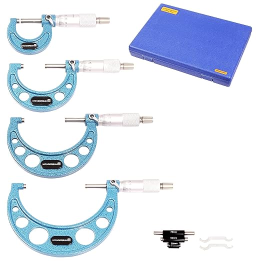 4 Pcs Outside Micrometer Set, Professional Precision Machinist Tool Kit, 0-1"/1-2"/2-3"/3-4" Measuring Range, 0.0001" Graduation, Professional Accuracy for Metalworking & Engineering
