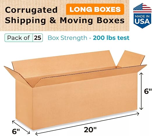 Long Shipping & Moving Boxes 20"L x 6"W x 6"H (25-Pack) - Extra Strength 200 lb vs Regular - USA-Made Corrugated Boxes for Packaging Moving - Packing Box for FEDEX - Cardboard Box by IDL Packaging