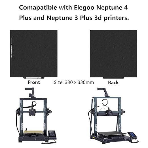 Upgraded Neptune 4 Plus Double Sided PEI Build Plate, 3D Printer Black Textured PEI Platform for Elegoo Neptune 3 Plus, Kobra 2 Plus 330x330mm