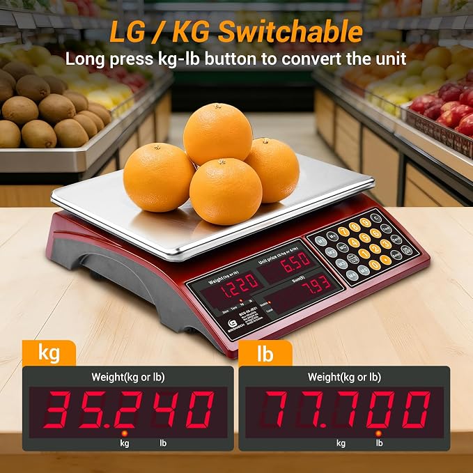 66lb Digital Commercial Kitchen Scale with Price Computing - Rechargeable Stainless Steel Food Scale for Meat, Produce, Fruit & Vegetables, Dual Display with Memory Function (Not for Trade)