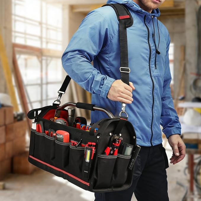HAUTMEC 20" Heavy-Duty Tool Tote Bag with Waterproof Clear Cover, Open Top Large Tool Bag with Rotating Handle, Rigid Frame, Wear-Resistant Hard Base & Padded Shoulder Strap – HT0296