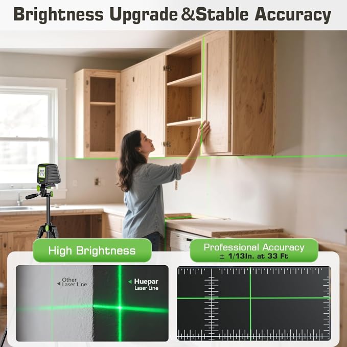 Laser Level with Tripod, Huepar 150Ft Lazer Leveler for Outdoor Use, 150° Vertical Green Cross Line Leveller Laser for Picture Hanging, Tile, Construction Project (4 AA Batteries Include)