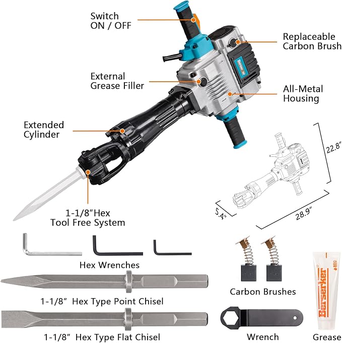 Berserker 2100W 55-Pound Demolition Jack Hammer 125KD with 1-1/8" Hex,17Amp | Full-Size Heavy duty Corded Electric Concrete/Pavement Breaker with Wheeled Carrying Case, Flat Chisel, Bull Point Chisel