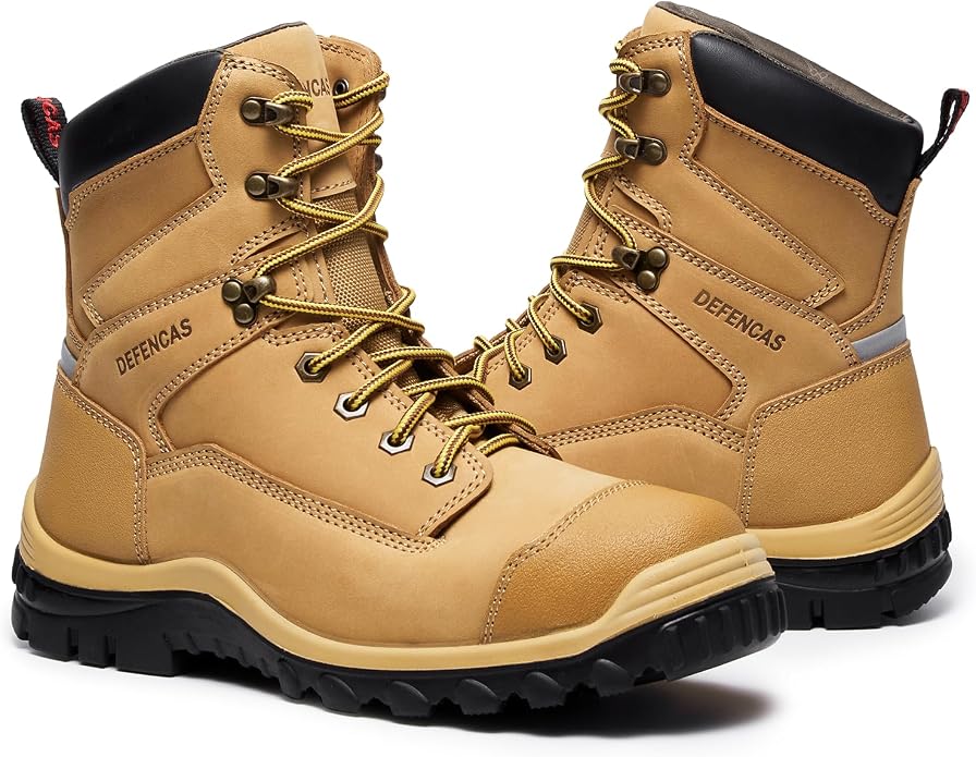 Men’s 6” & 8” Composite Toe Work Boots, Electrical Hazard Safety Boots for Men, Full-Grain Leather Construction Boots, Slip Resistant Rubber Outsole, Removable Memory Foam PU Insole
