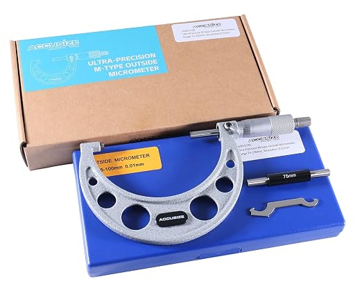 Accusize Industrial Tools Outside Micrometer, 75-100mm, EG00-0100 | 75-100mm, Ultra-Precision, Carbide Tipped, M-Type, Resolution 0.01mm, Ratchet Friction Thimble, Solid Storage Case
