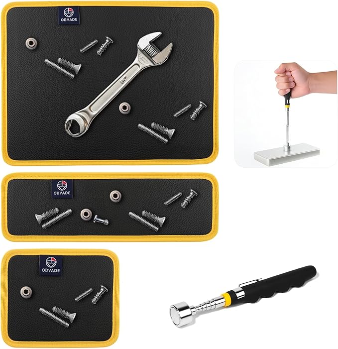 Magnetic Tool Mat Set, 4 Pack Tool Mat Set with Telescoping Pickup Tool | 40LB Strong Magnetic Mat for Tools | Screws & Parts Garage Workshop Organizer for Mechanics & DIY(Yellow)
