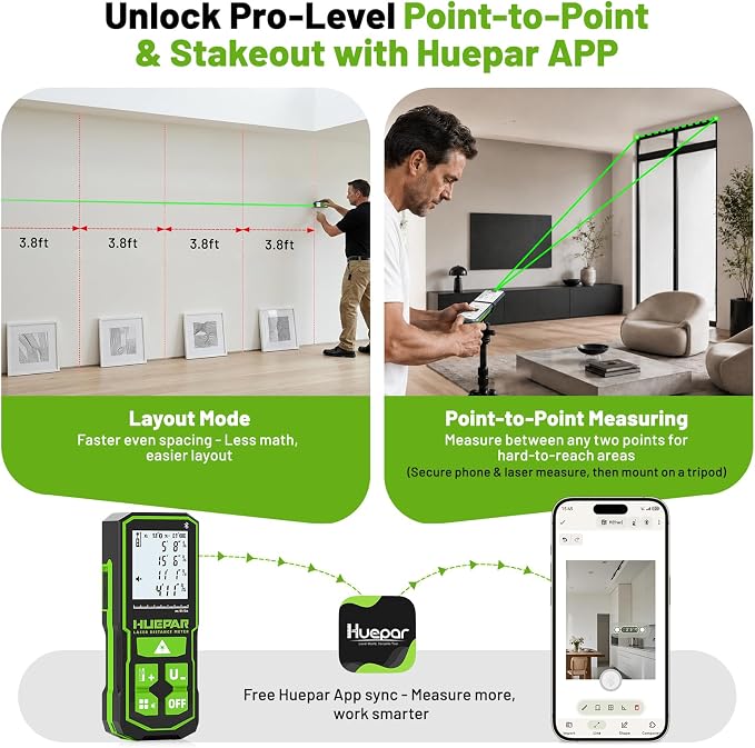 Huepar 395FT Bluetooth Green Laser Measuring Tool S120-G-BT | 1/16in Accuracy, APP Control, Angle Sensor, Carry Bag, Laser Distance Measurement Tool, Digital Laser Room Measuring Device
