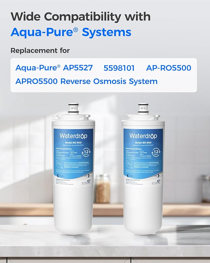 Waterdrop AP5527 Post Water Filter Cartridge, Replacement for Aqua-Pure® AP5527, 5598101, AP-RO5500, APRO5500 System, NSF/ANSI 42&372, 2 Pack, Model No.WD-W59