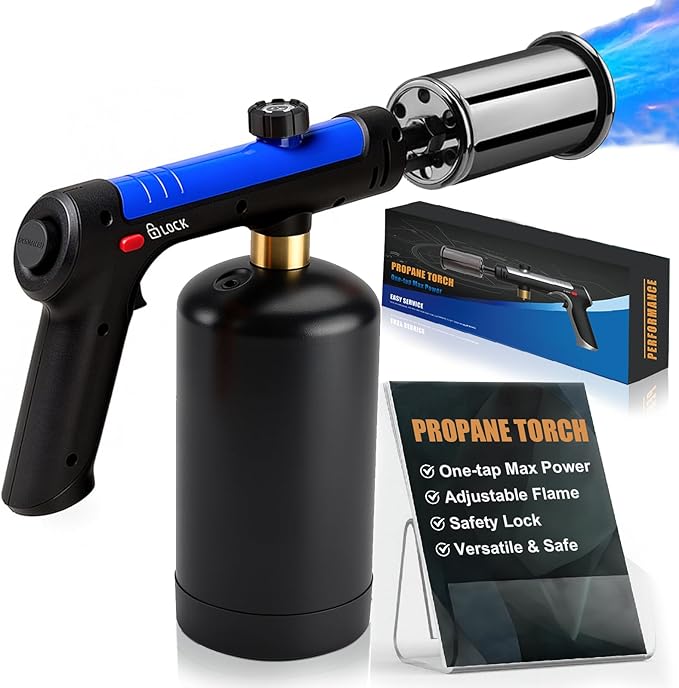 Torch Gun with One-Touch Max Fire, Flame Thrower with Safety Lock, Blow Torch Gun for BBQ, Grill, Charcoal Lighter, Cooking Flamethrower for Camping, Outdoors (Tank Not Included)
