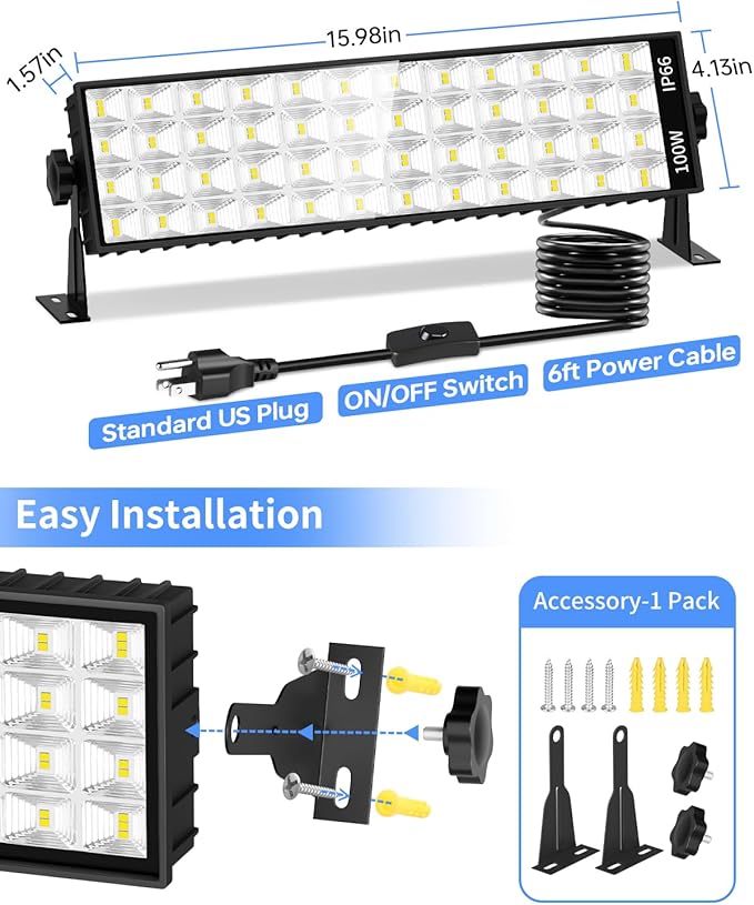 100W LED Shop Light 11000LM Ultra Brighter, Plug in Garage Light with On/Off Switch and 6FT Cord, 6000K IP66 Waterproof Workshop Bay Lighting for Garage Workbench Warehouse Factory Yard Outdoor