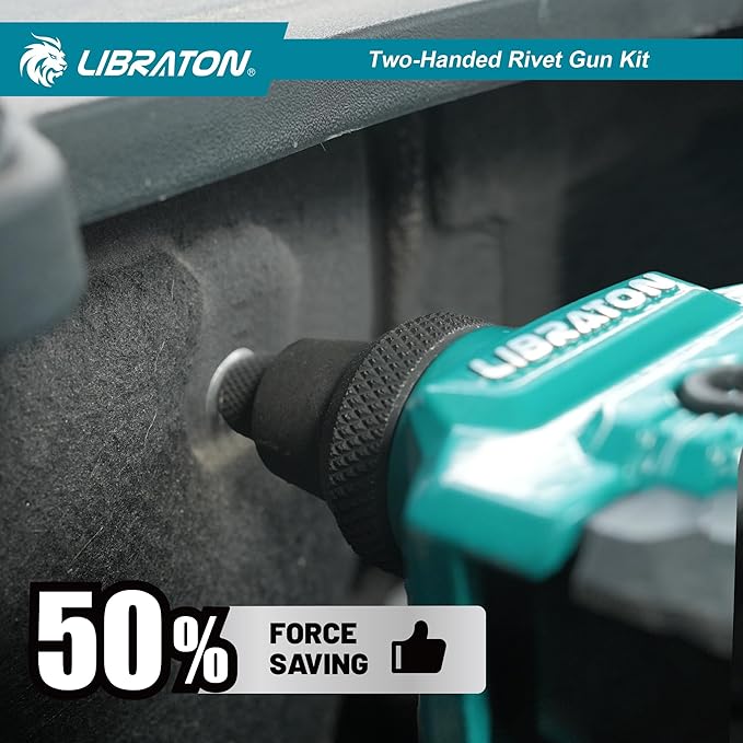 LIBRATON Pop Rivet Gun Kit, Two-Handed Rivet Gun, Heavy Duty Rivet Gun Kit, Pop Rivet Tool with 250 Aluminum Rivets in Box, 5 Tool-Free Interchangeable Nozzles, 5 HSS Drill Bits, for Automotive, Metal