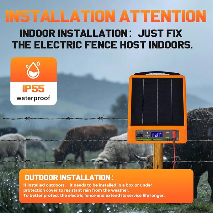 20miles Solar-Powered Electric Fence Charger, Adjustable Output Voltage:6/8/10/12kV, 2J Portable Solar Fence Charger Supports Battery/Solar/AC Power Ideal for Livestock/Garden/Orchard/Farm Protection