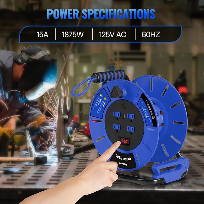 18W LED Work Light and Extension Cord Storage Reel with 4-Grounded Outlet & 2 USB Port Bundle, for Garage, Workshop, Car Repair Scene, Hand Wind Retractable Y03WL06-U85CR06