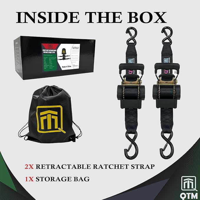 QTM Heavy Duty Retractable Ratchet Straps - 2 Inch X 10Feet, 4,400lbs Breaking Strength - Truck, Cargo Trailer, Motorcycle Tie Down Straps - 2 Pack with Bag (Black)