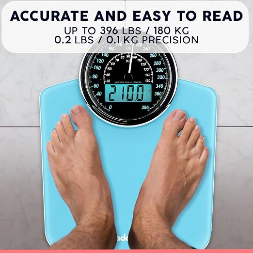 Hybrid Bathroom Scale - Analog & Digital Display, Accurate to 400 lbs | See weight on both an analog dial and digital LCD at once. Wide glass platform, accurate to 0.2 lbs, batteries included.