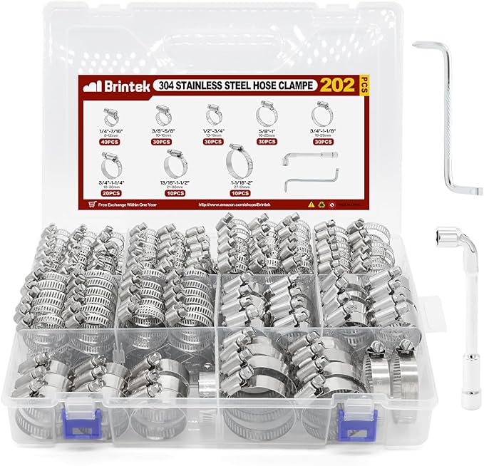 202PCS Hose Clamp Assortment, 1/4”-2”(6-51mm) Adjustable Stainless Steel Worm Gear Clamps for Plumbing, Pipe, Fuel Line, Automotive, Garden and Mechanical Applications