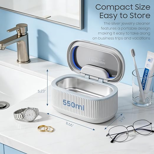Ultrasonic Jewelry Cleaner with 45kHz for Rings, Glasses & Retainers | Deep Cleans Sliver, Necklace, Earring & Watch, 3 Power & 5 Timer Settings, Includes 2 Cleaning Solutions, 35W with Degas Mode