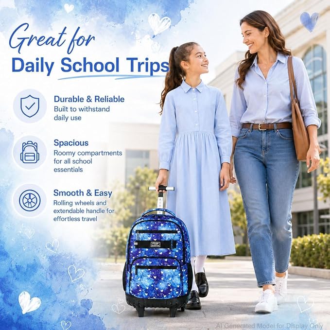 3Pcs Rolling Backpack for Girls Women, Travel Roller Backpacks with Wheels for Adults, Teens College Love Polka Dots Wheeled Bookbag with Lunch Box(Blue)
