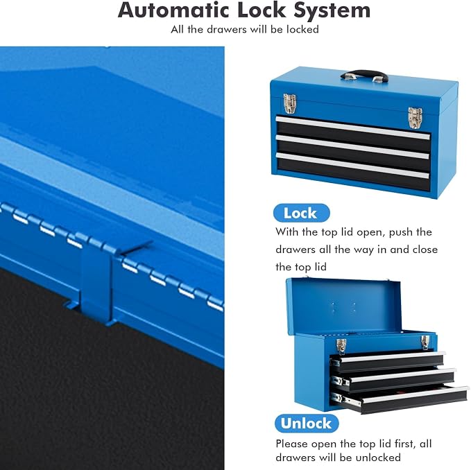 ERGOMASTER Portable Tool Box, Metal Tool Box with 3 Drawers, Lockable Heavy Duty Tool Chest Storage Toolbox for Garage, Workshop (Blue)