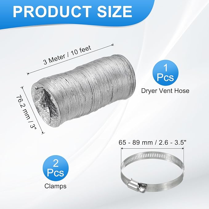 PATIKIL 10 Feet Dryer Vent Hose, 3 Inch Diameter Flexible Aluminum Ducting Flex Air Ducting Dryer Vent 2 Clamps Included for Heating Ventilation Air Conditioning, Silver