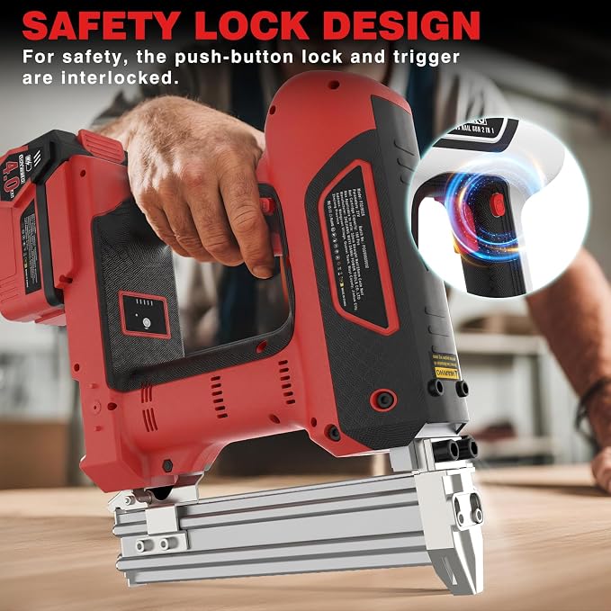 21V Cordless Nail Gun - 18 Gauge 2 in 1 Battery Powered Electric Brad Nailer with 2 x 4.0Ah Batteries & Charger & 1000 Nails & 1000 Staples for DIY & Home Improvement & Wood Working (Red)