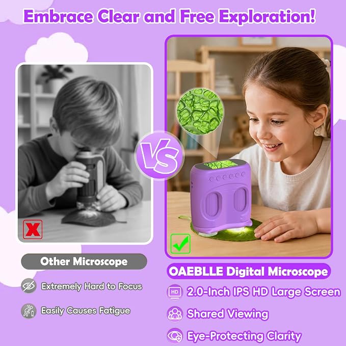 2-in-1 Kids Microscope and Telescope, 1000X Handheld Digital Microscope for Kids, 2.0" Screen, 8 LEDs, 10X Pocket Telescope for Outdoor, 1080P Camera STEM Toys Gift for Boys Girls 4-12, Purple