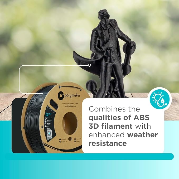 Polymaker ASA Filament 1.75mm Jet Black, 1kg ASA 3D Printing Filament, Heat & Weather Resistant - ASA 3D Printer Filament Perfect for Printing Outdoor Functional Parts