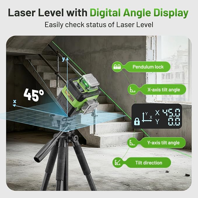 HUEPAR Laser Level 360 Self Leveling with LCD Screen, 4 x 360° High Brightness Rechargeable 4D Lazer Leveler Tool for Construction and Picture Hanging, Strong Magnetic Bracket&Hard Carry Case -Y04CG