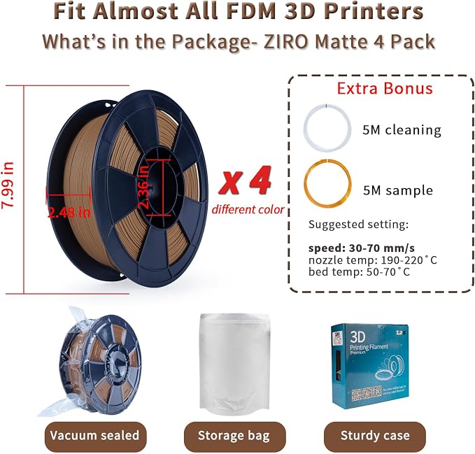 ZIRO 3D Printer Filament Bundle, Matte 1.75mm PLA Filament, Basic Colors PLA Series 4 Pack, 3D Printing Material, 1.75mm 2.2lbs x 4 Spool, Black, White, Military Green, Chocolate
