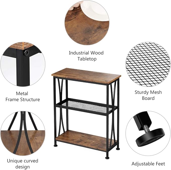 Narrow Side Table,3-Tier End Table With Storage Shelves,Small Hallway Table, Industrial Accent Table With Metal Frame Slim Nightstand Sofa Side Table for Small Spaces,Living Room, Bedroom,Rustic Brown