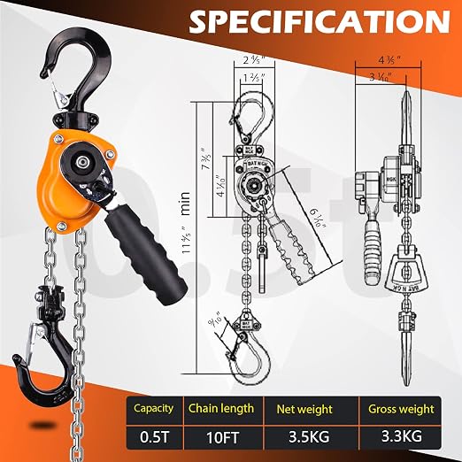YATOINTO Manual Lever Chain Hoist, 1/2 Ton 1100lbs Mini Lever Block, 3M 10 FT Puller Come Along, G80 Rope Hoist Tool with Hook for Warehouse Building