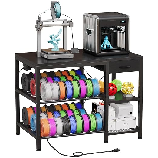 3D Printer Table with Filament Storage, 3-Tier 3D Printer Stand with Power Outlet & Drawer, Heavy Duty 3D Printer Rack for Workshop Studio Office (Black)