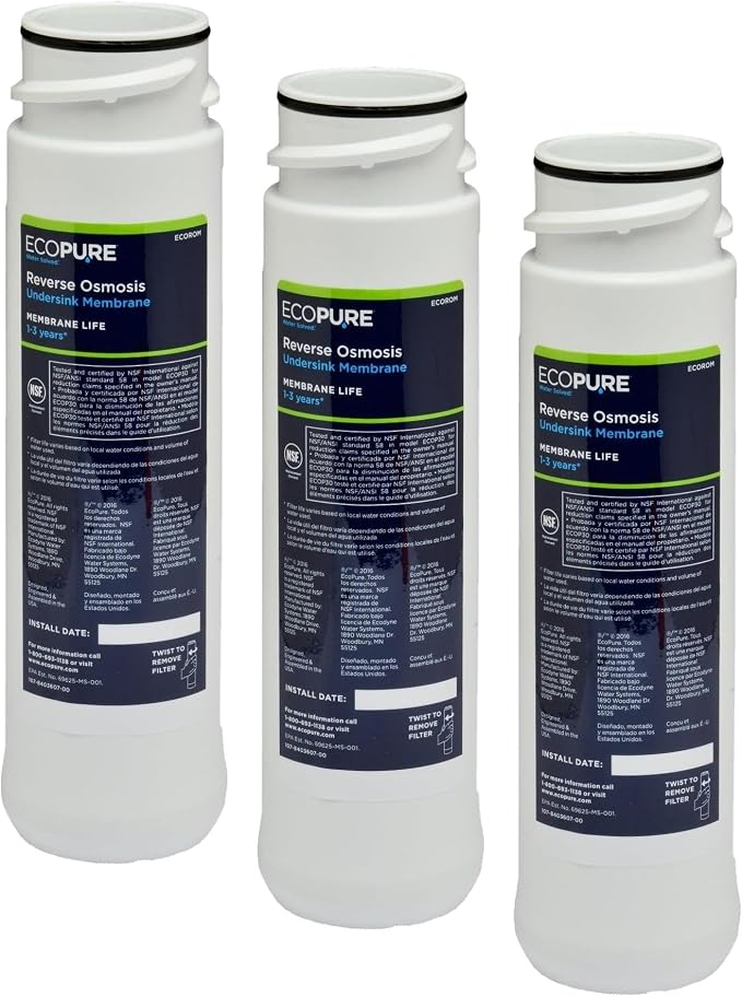 EcoPure ECOROM Reverse Osmosis Membrane Replacement–Fits ECOP30 & Select Kenmore & Brita RO Systems–NSF-Certified Stage 2 Filter–Reduces TDS,Lead,Chlorine & More–1–3Year Life–Easy Changes,(Pack of 3)