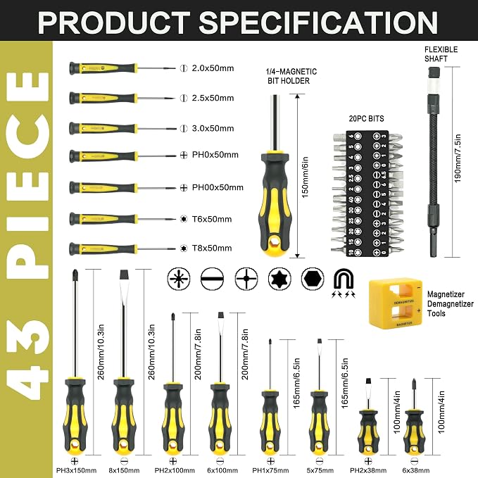 GMTOOLS 43pcs Magnetic Screwdriver Set, Including Slotted, Phillips, Hexagonal, Pozidriv, Magnetizer, Demagnetizer, Replaceable Screwdriver Bits and Sturdy Tool Case for DIY and Repair Work