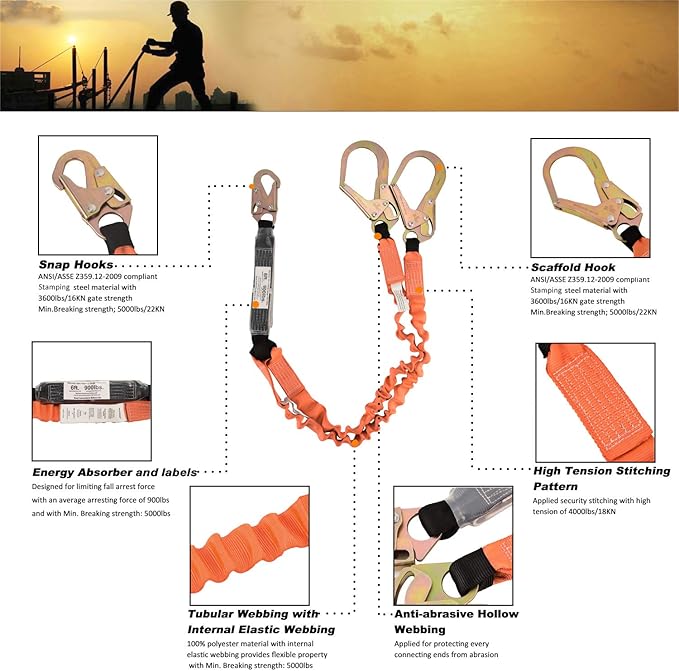 Double Leg 6-Foot Safety Lanyard for Consturction Shock Absorber Stretchable Lanyard with Snap & Rebar Hook Connectors ANSI Z359.13-2013 Complaint