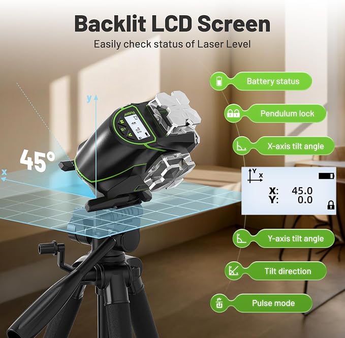 Huepar Laser Level 360 Self Leveling, S04CG 4x360° Green 4D Cross Line Laser with LCD Screen, Bluetooth Outdoor Pulse Mode, Remote Control, Rechargeable 16 Lines Laser Tool for Construction/Tile/Floor