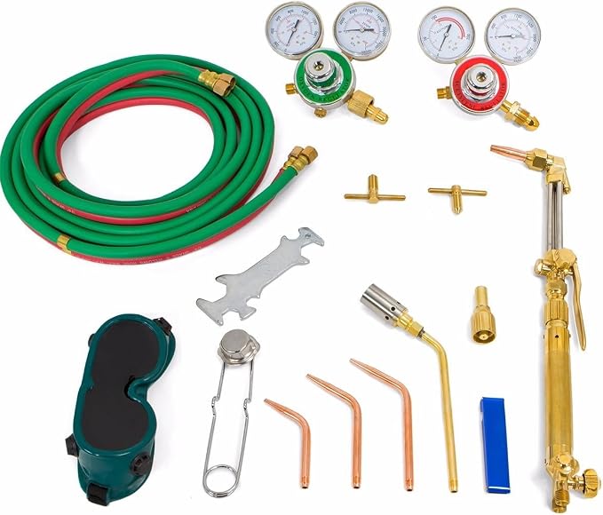 XtremepowerUS Oxygen & Acetylene Welding Brazing Cutting Torch Kit Gas with 3 Nozzle 11.5' ft Hose Gauge Regulator Set CGA 540 Goggles Carrying Case