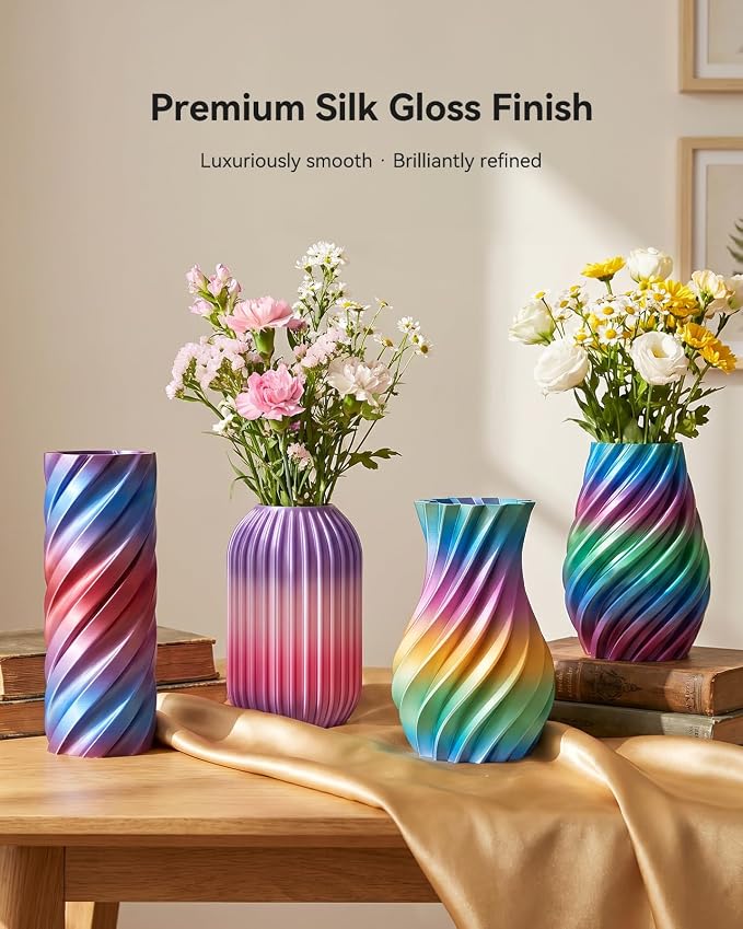 SUNLU Silk PLA+ Filament 1.75mm Multicolor 250gx8, Silky Glossy PLA Plus 3D Printer Filament Bundle for Bambu Lab 3D Printers, 6 Rainbow Series+Gold+Silver