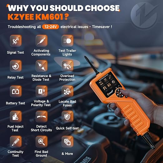 KZYEE KM601 Power Circuit Probe Kit, 12V-24V Automotive Circuit Tester with Fuel Injector, Battery Test, Multimeter, Oscilloscope, Short Circuit Finder, Component Activator, Current Probe, 30FT Cable