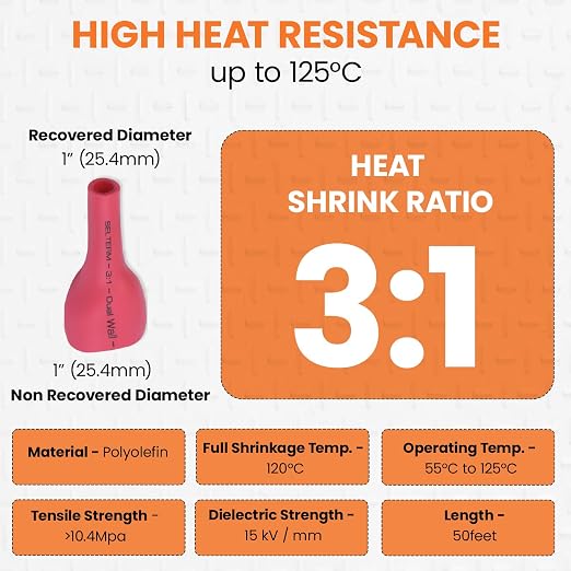 SELTERM 1-Inch Red 50 Feet Marine Grade Heat Shrink Tubing Roll, 3:1 Ratio Dual Wall Adhesive Lined Waterproof Heat Shrink Wrap Tube, for Battery Cable Lugs Wire Terminals Connectors