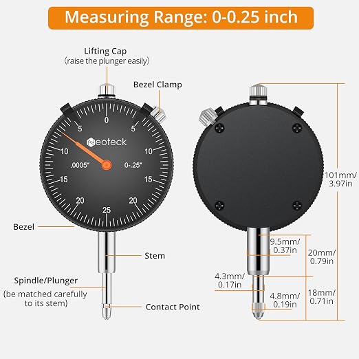 Neoteck Dial Bore Gauge with 0.7"-6"/0.0005" Measuring Range and 6" Measuring Depth Dial Bore Gauge Set with 23PCS Anvils Chrome Plated Handle & Insulated Grips for Engine Cylinder Measurement-Black