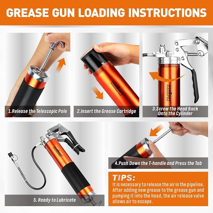 18-Piece 8000PSI Heavy Duty Grease Gun Kit with 14oz Grease, 2x11" Hoses, Flex Hose, Extension Pipes, Lock Coupler, Injector, Sharp Nozzle for Vehicle, Farm, Workshop, Marine, Easy Operation Tool